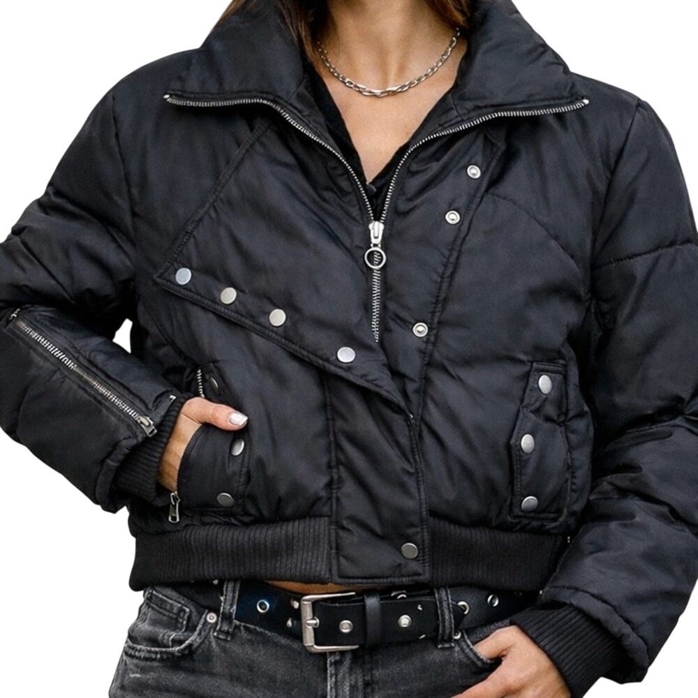 Paris Blues Black Moto Puffer Jacket XL | Model Off Duty Streetwear Biker Chic